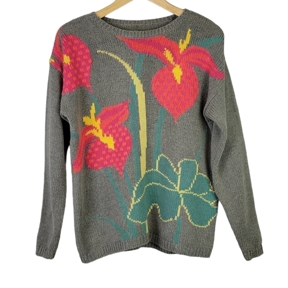Vintage Anne Pinkerton Ape Floral Sweater Bold Crew Sage Green S
